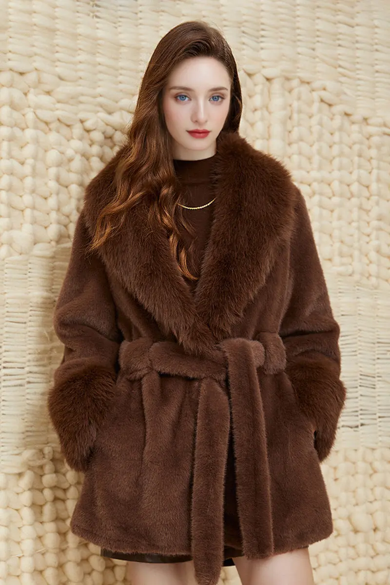 Elegant Belted Faux Fur Coat with Lapel Collar - MIAOOOO