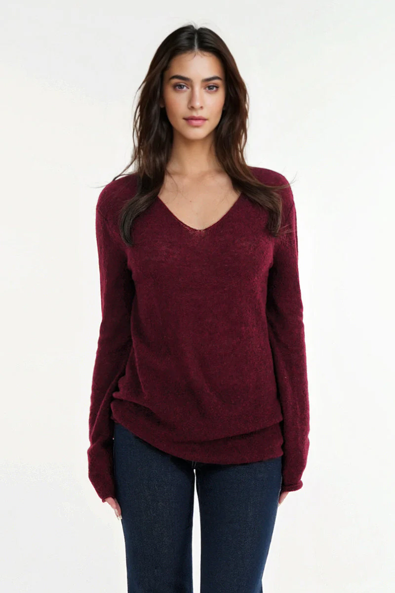 Oversized Wool-Mohair Blend V-Neck Pullover Sweater in Burgundy - MIAOOOO