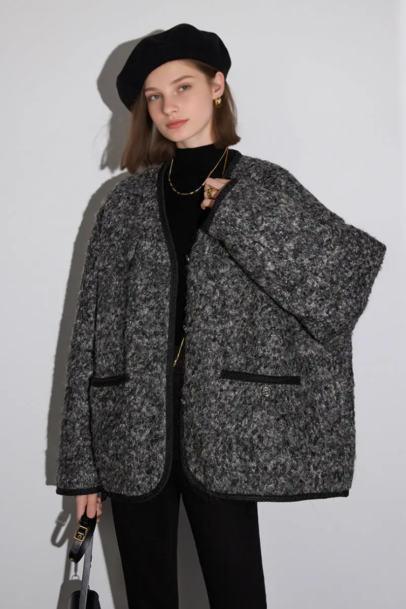 Oversized Wool Blend V-Neck Bouclé Jacket - MIAOOOO