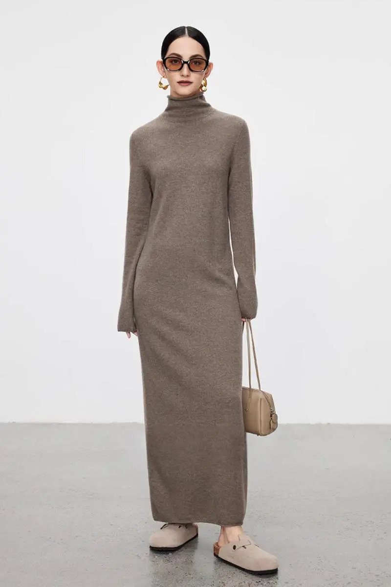 100 Wool Long Sleeve Crewneck Maxi Sweater Dress - MIAOOOO