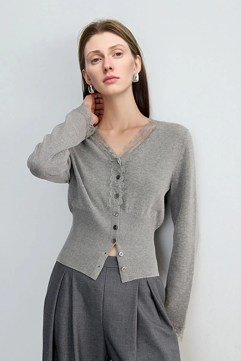 100 Organic Cotton V-Neck Lace-Trim Cardigan - MIAOOOO