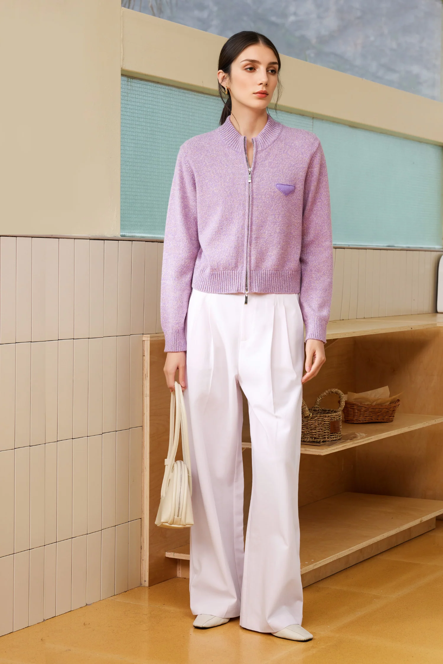 100% Cashmere Marled Double-Zip Mock-Neck Cardigan - MIAOOOO