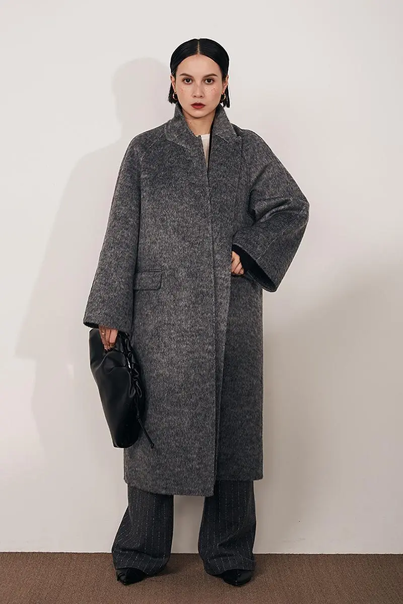 Long Wool Silk Blend Wrap Coat with Notched Lapel - MIAOOOO