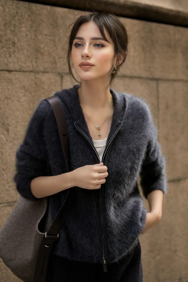 Brushed Cashmere Hooded Zip-Up Cardigan - MIAOOOO