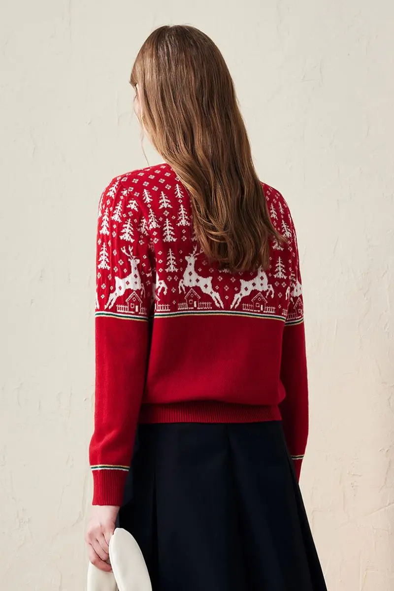 100 Wool Chunky Fair Isle Christmas Crewneck Sweater - MIAOOOO
