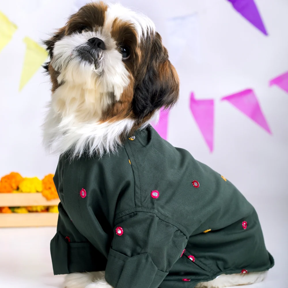 15 Furries Mirrorwork Kurta for Dogs (Hunter Green)