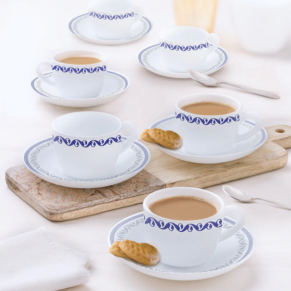 Larah by Borosil Jazzblue Cup n Saucer Set, 140ml x 8