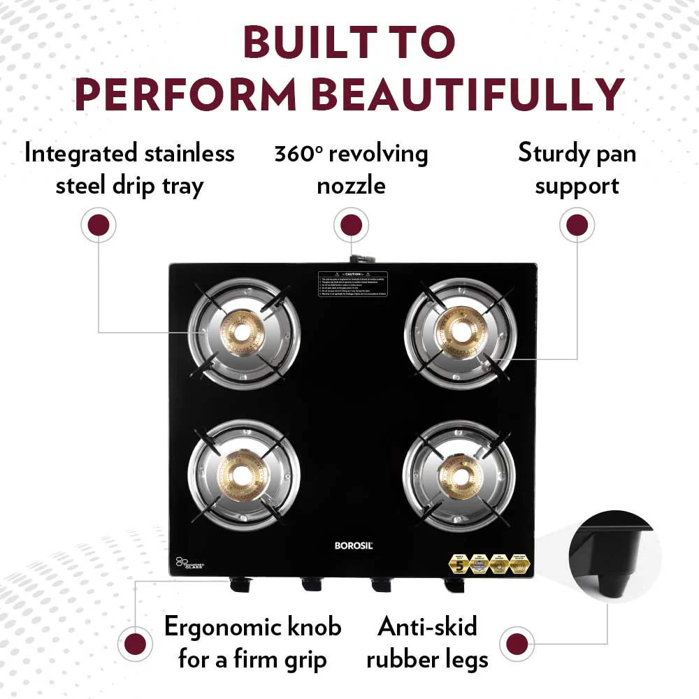 Borosil Flare Glasstop Gas stove, 4 Burners, 4burners(2large&2small)