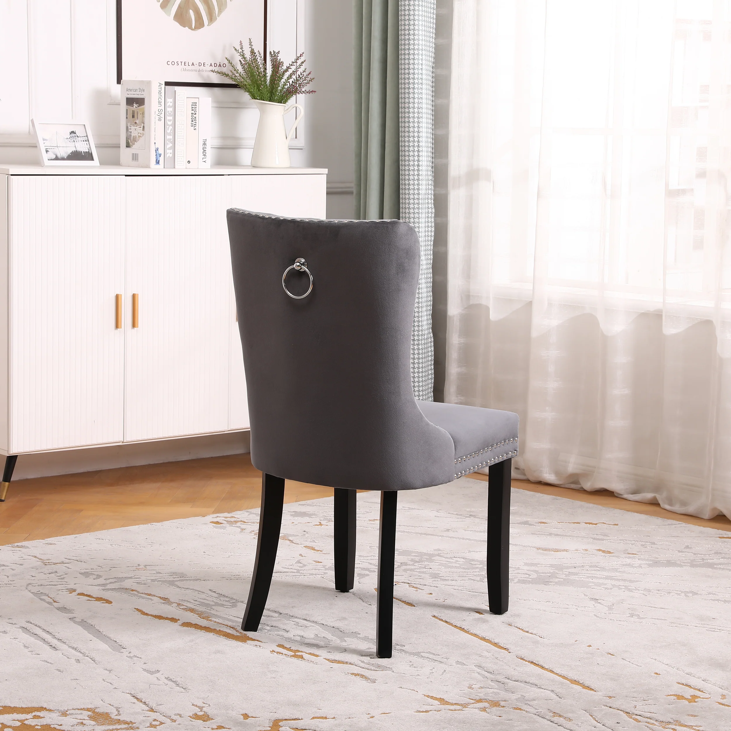 Neo Set Of Two Dark Grey Studded Velvet Dining Table Chair with Ring Knocker Detail