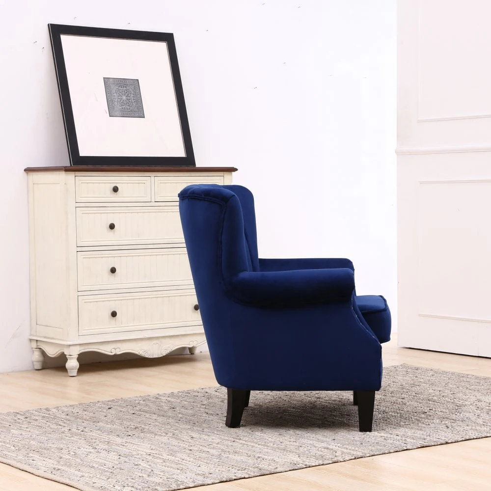 Blue Crushed Velvet Wing High Back Occasional Armchair