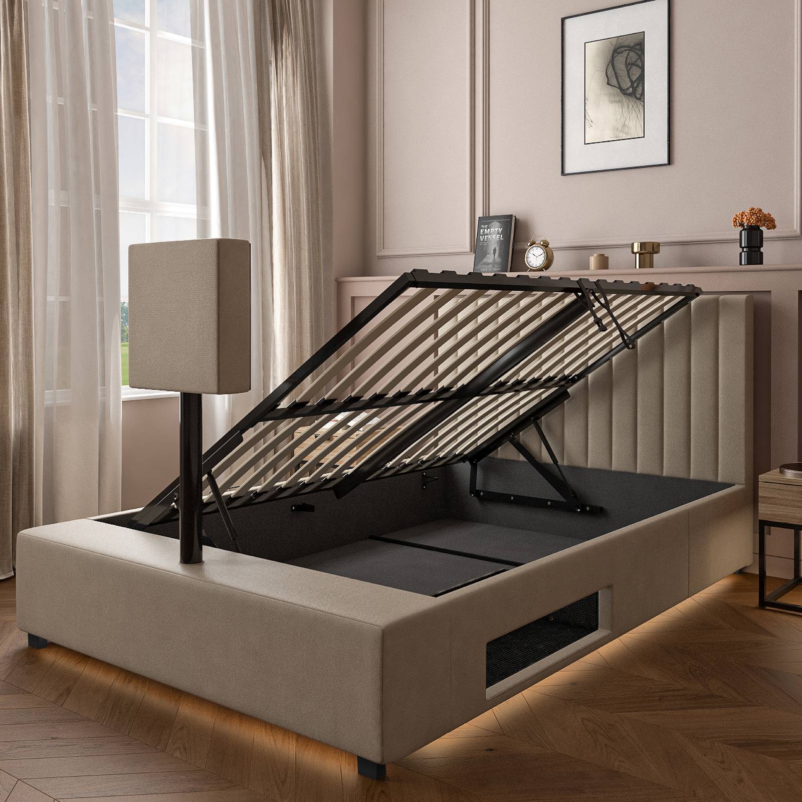 Maisie Upholstered Velvet LED Ottoman TV Bed - Natural Stone (2 Sizes)