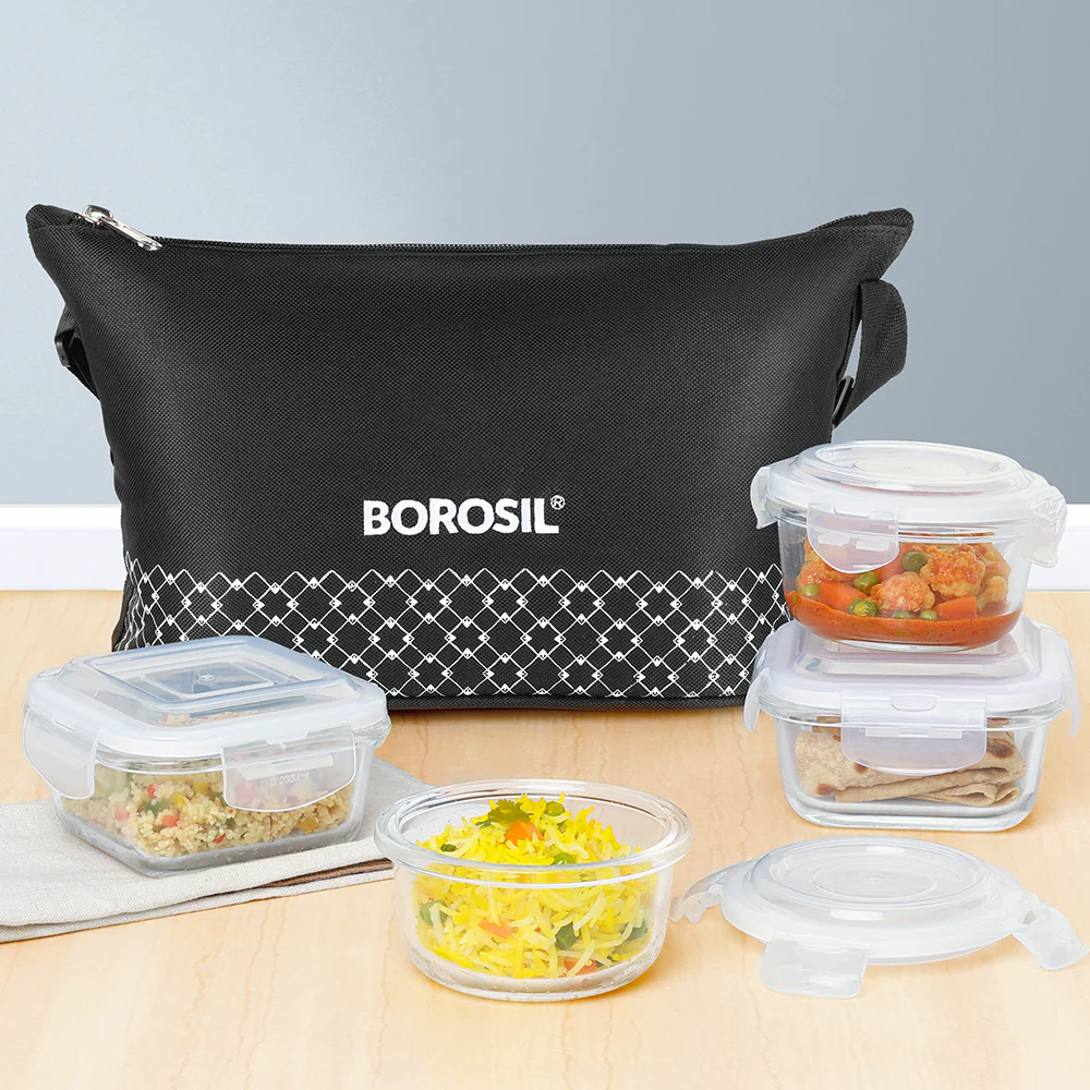 Borosil Zeal Black Lunch Bag, Daisy, Set of 4