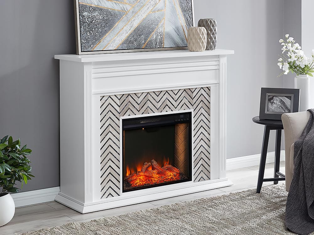 Hebbington Electric Fireplace Mantel Package in White w/ Smart Firebox