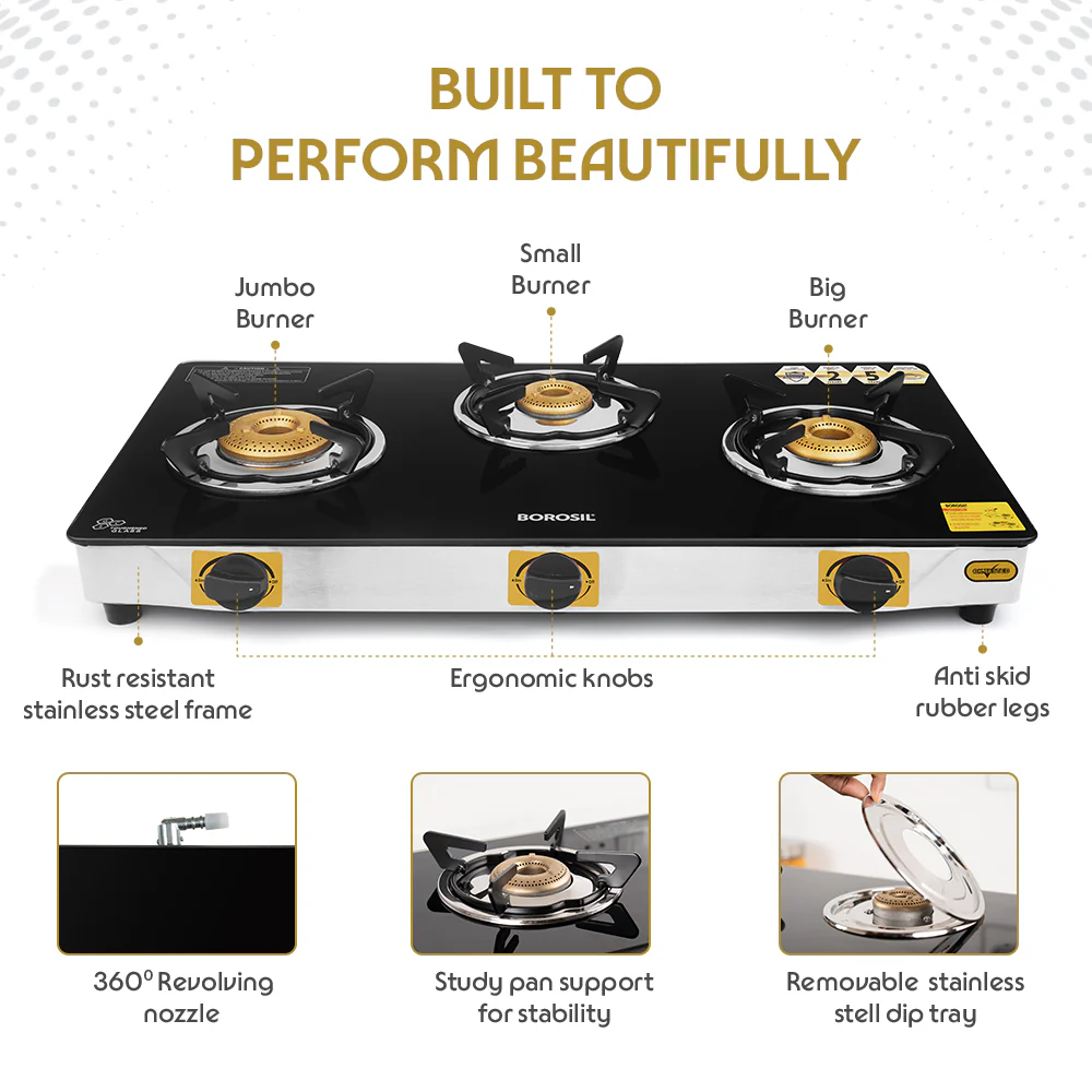 Borosil Blaze Glass-top Gas stove, 3 Burners