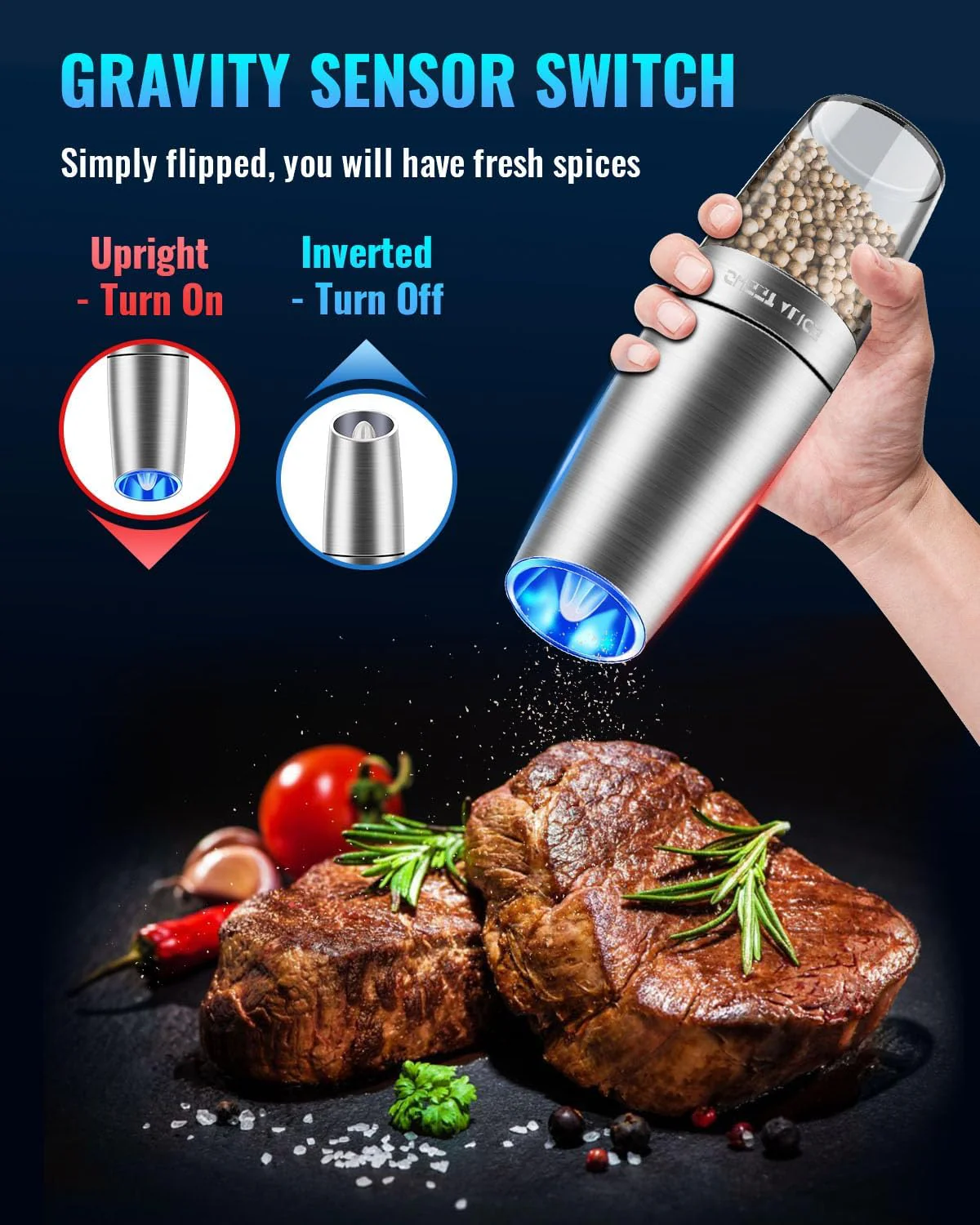 Electric Salt & Pepper Grinder Set, Adjustable Coarseness, LED, One-Hand Use, Stainless Steel 2-Pack