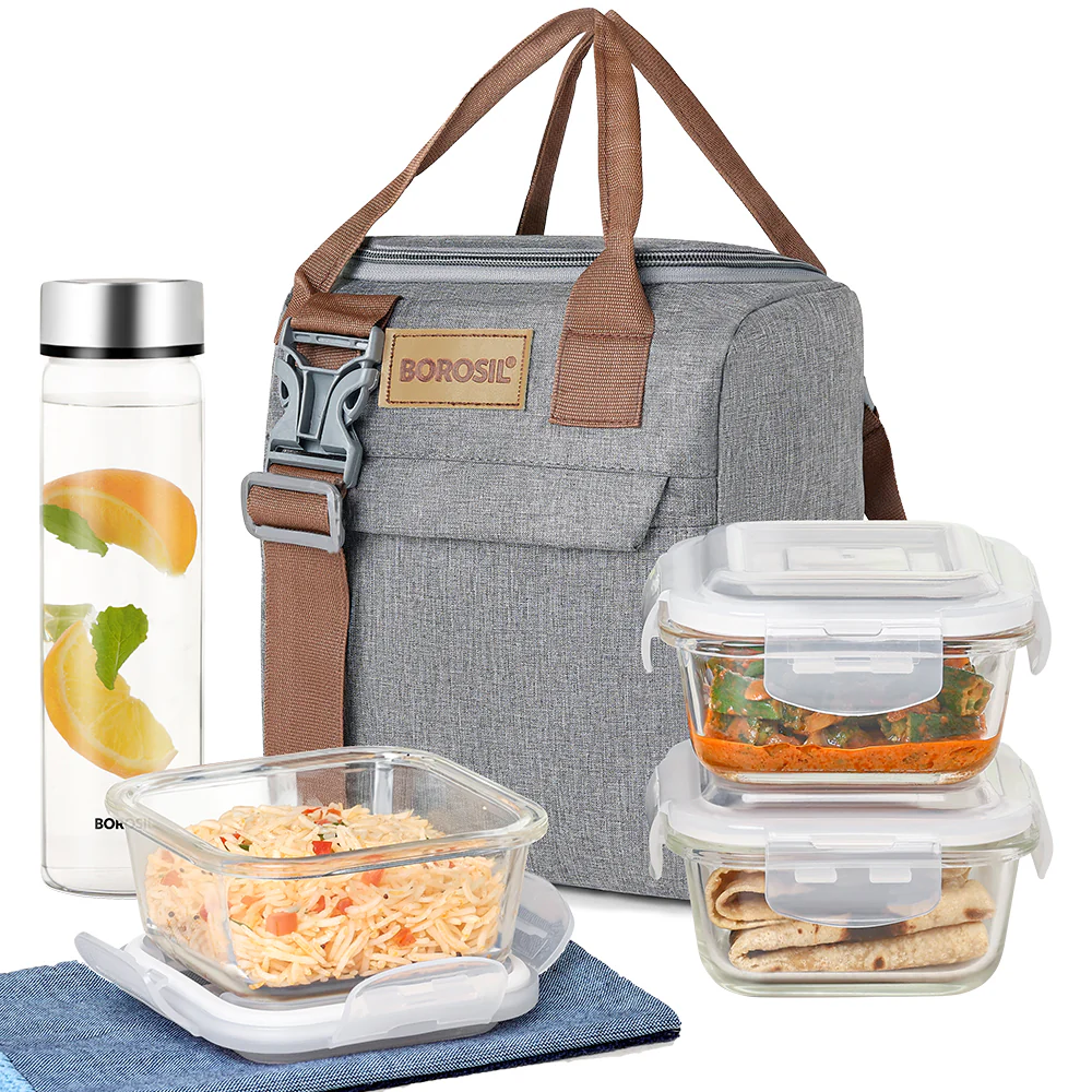 Borosil Gourmet Lunch Box Set, 320ml x 3 (+) 550ml x 1