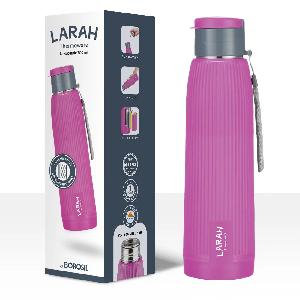 Larah Lava Fluted PU Thermoware Bottle, 700 ml, Purple