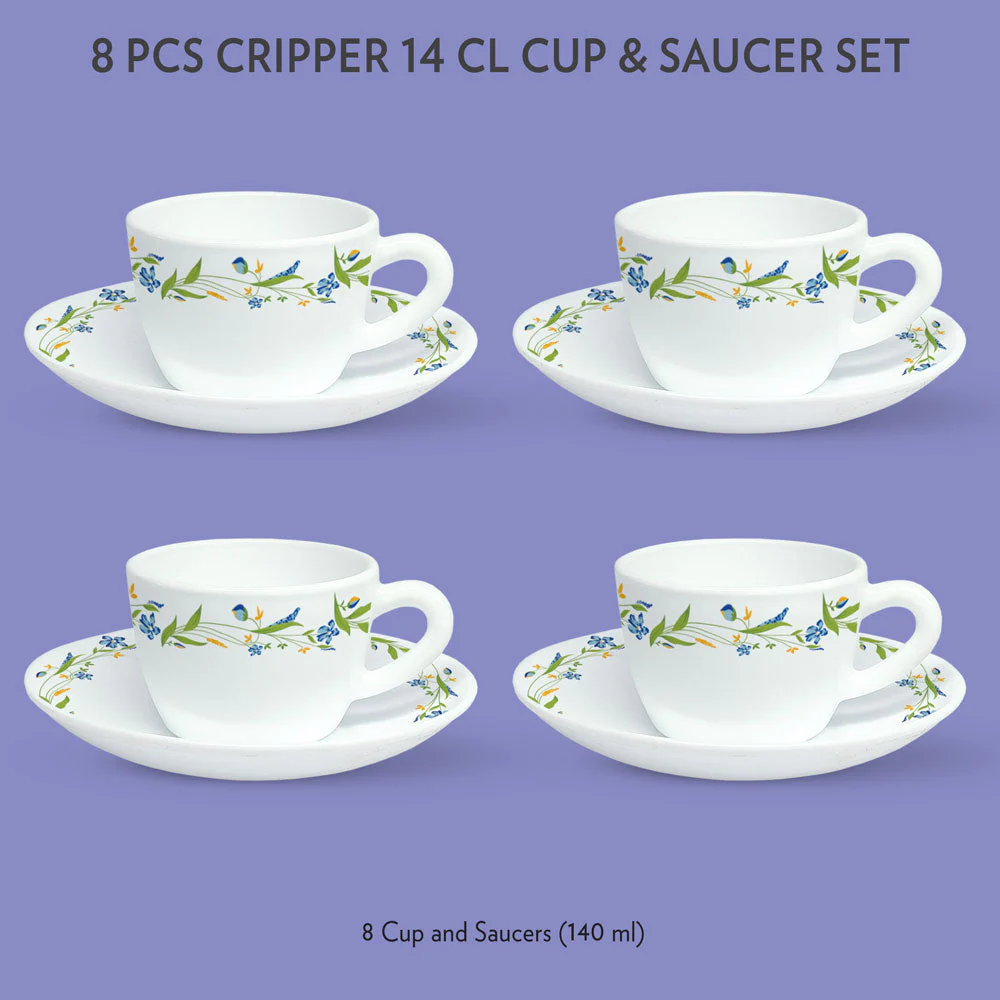 Larah by Borosil Cripper Cup n Saucer Set, 140ml x 8