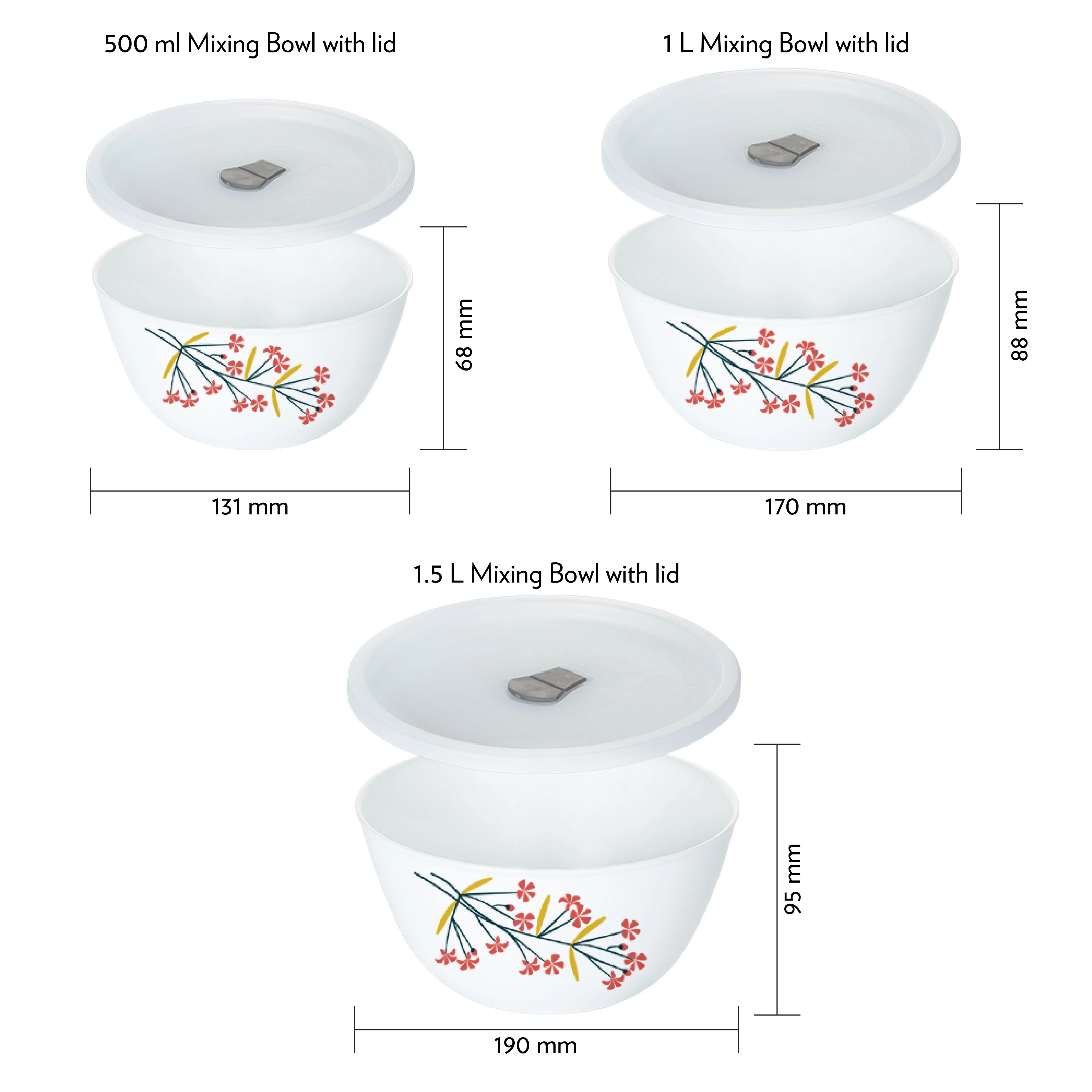 Larah by Borosil Red Bud 4 pc Mixing Bowl, 500 ml + 1 L + 1.5 L