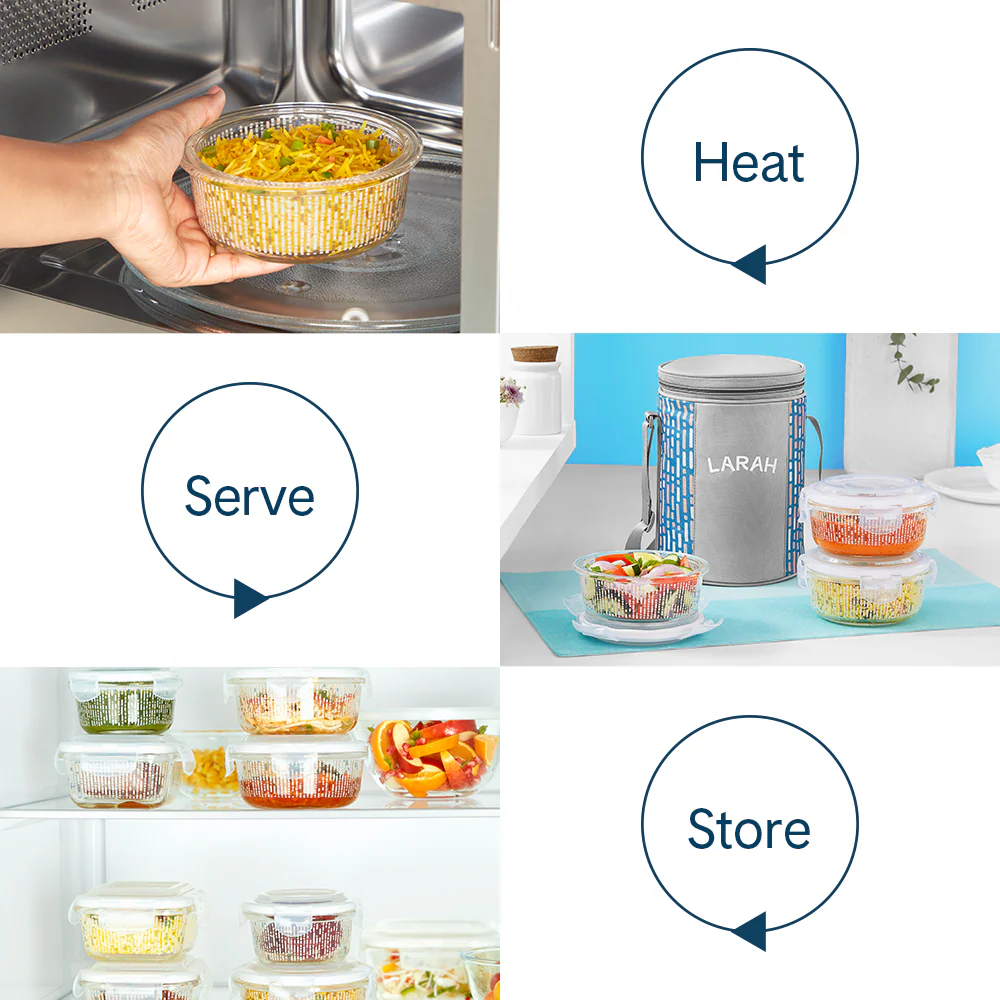 Larah Vogue Glass Lunchbox, Round x 3, 400ml x 3