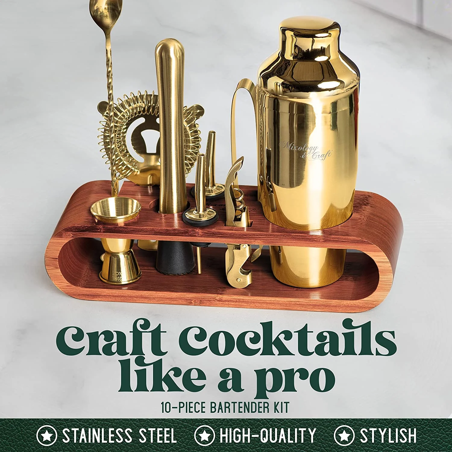 Bartender Kit: 10-Piece Bar Set Cocktail Shaker Set with Stylish Wooden Stand