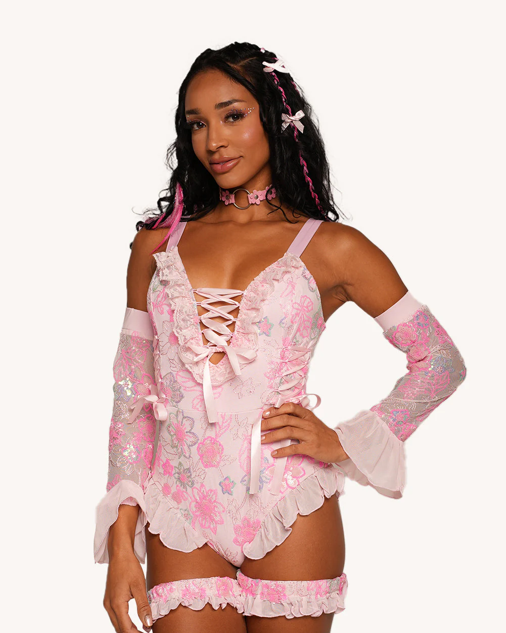 Magical Twinkling Bodysuit with Sleeves and Garter
