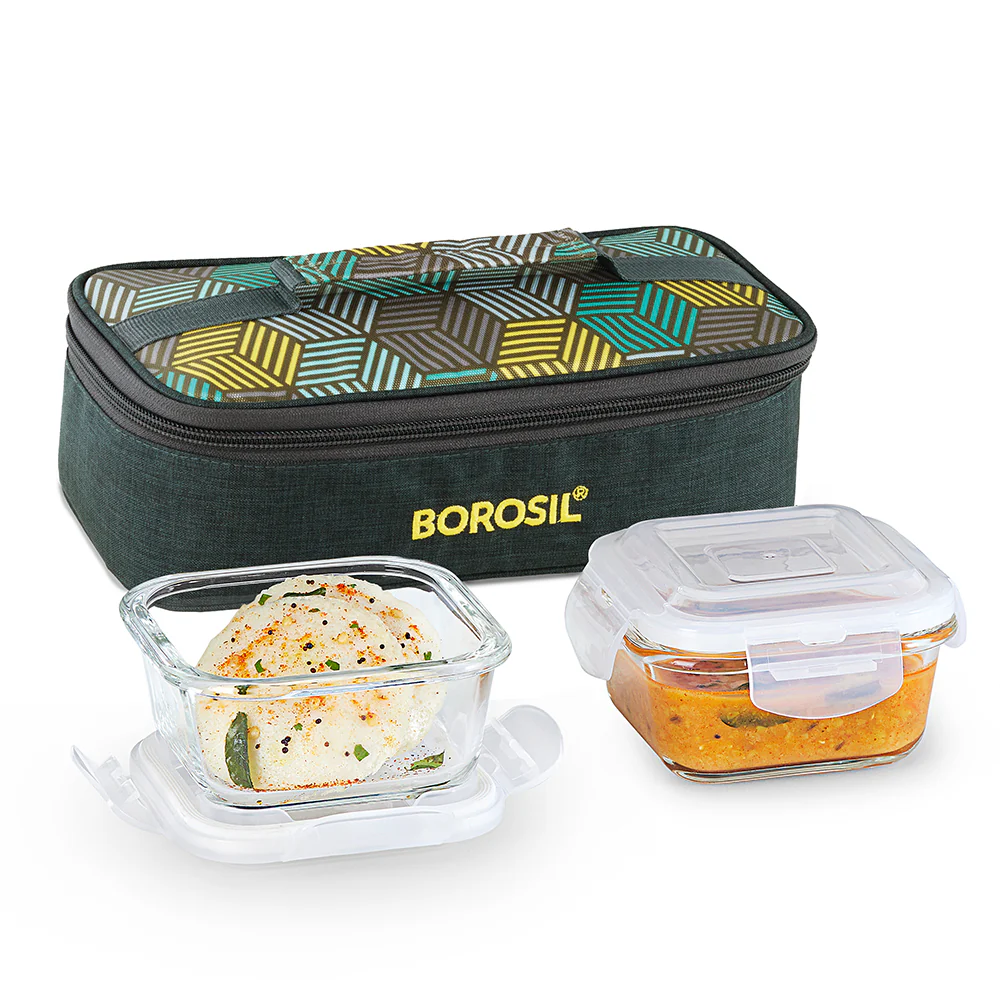 Borosil Foodluck Olive Glass Lunchbox, Square x 2 (Flat)