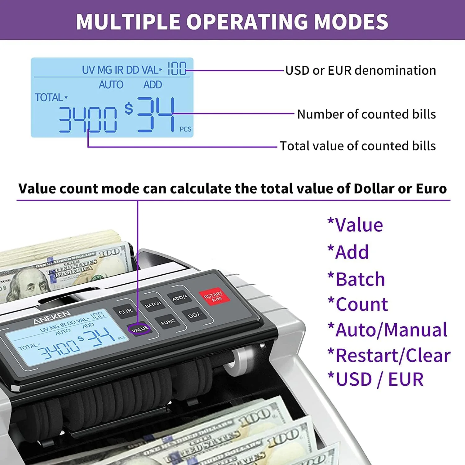 Money Counter Machine with Value Count, Dollar, Counterfeit Detection Bill Counter with LCD Display