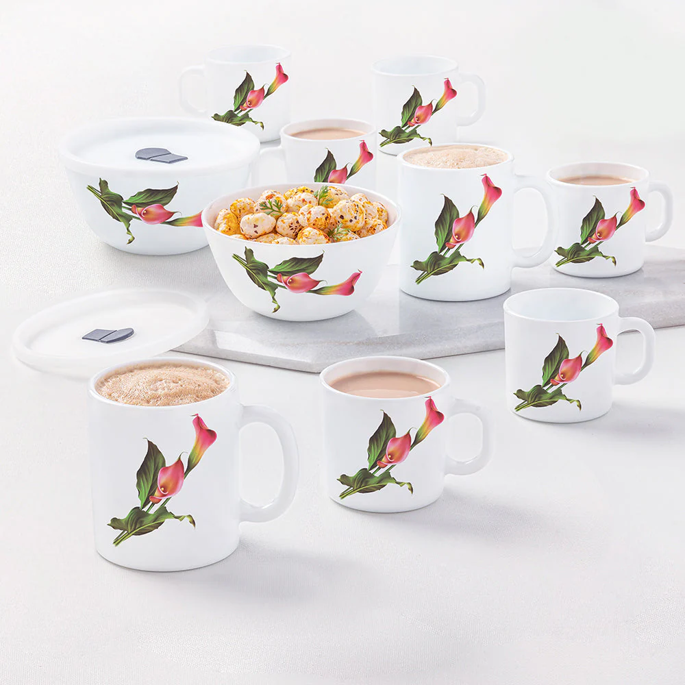 Larah by Borosil, Opalware Stargazer Snack Set With Mugs, White, 12 pc