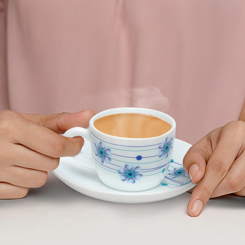 Larah by Borosil Bluebell Cup n Saucer Set, 140ml x 8