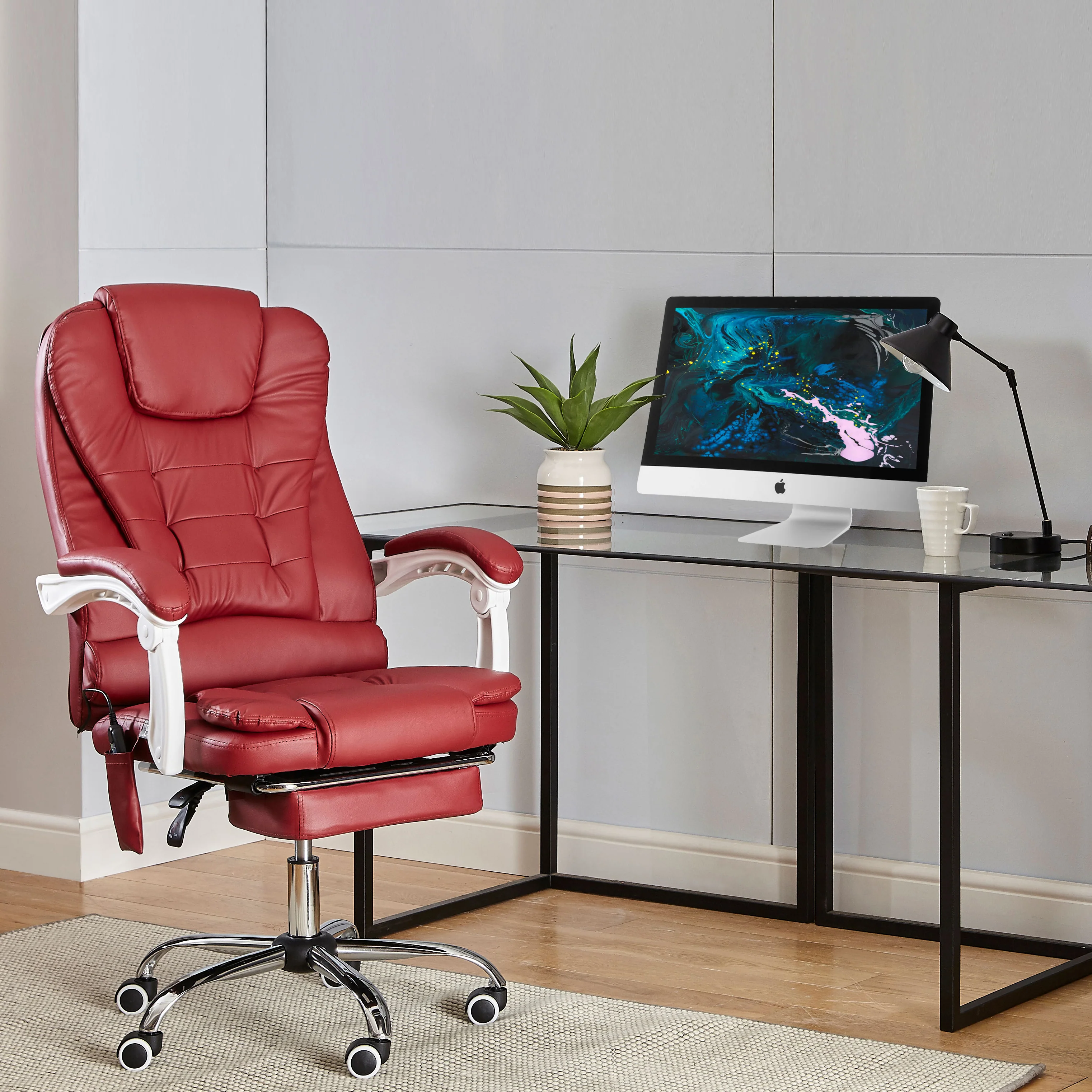 Neo Office Chair Burgundy Faux Leather With Footrest & Massage Function Steel Frame