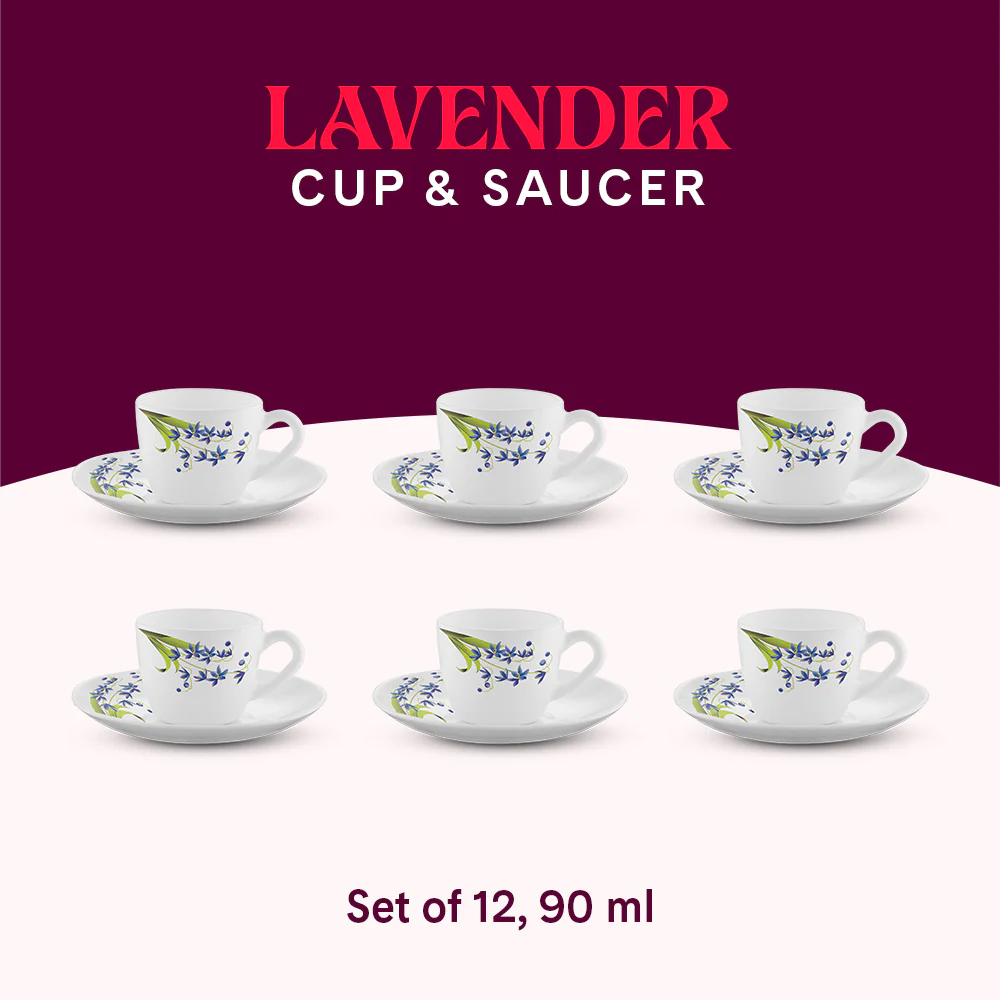 Larah by Borosil Lavender Cup n Saucer Set, 90ml x 12