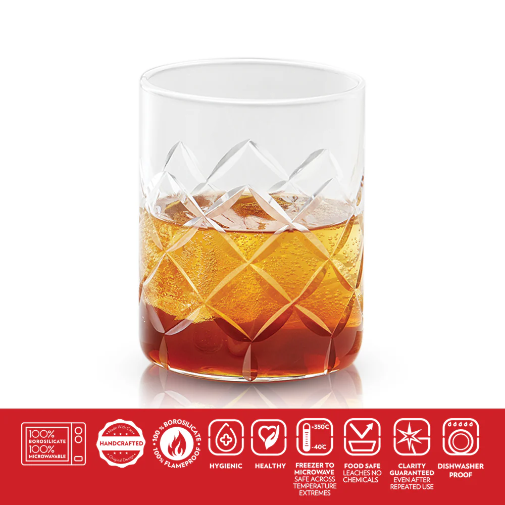 Borosil Crown Whiskey Glass, Set of 6, 350ml
