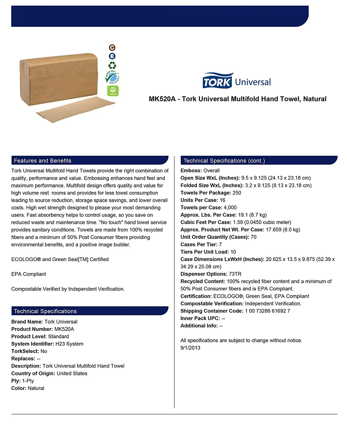 Multifold Hand Towel Natural, Universal, 100% Recycled Fibers, 16 x 250 Sheets