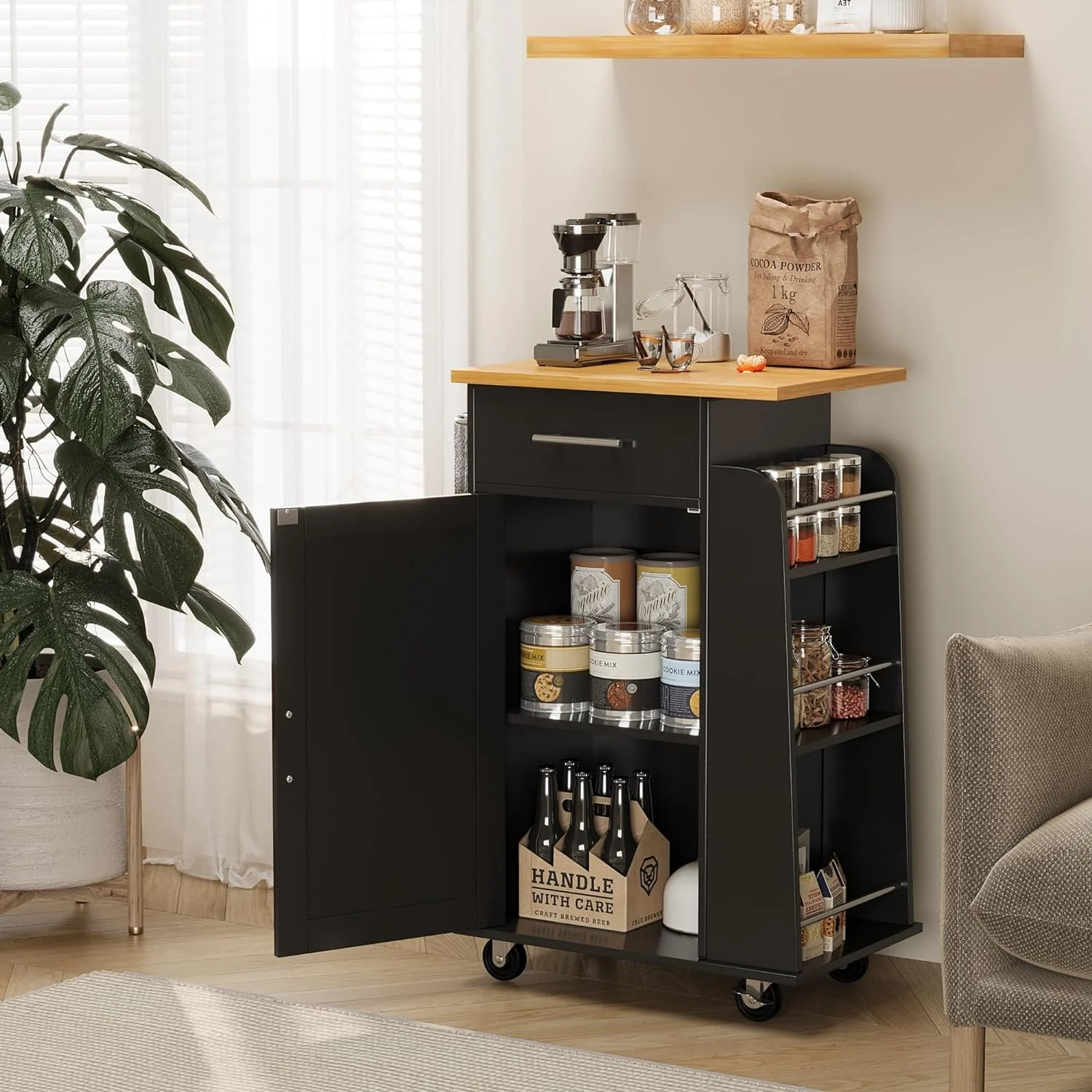 Small Kitchen Island on Wheels with 3-Tier Side Spice Rack and Rubber Wood Top