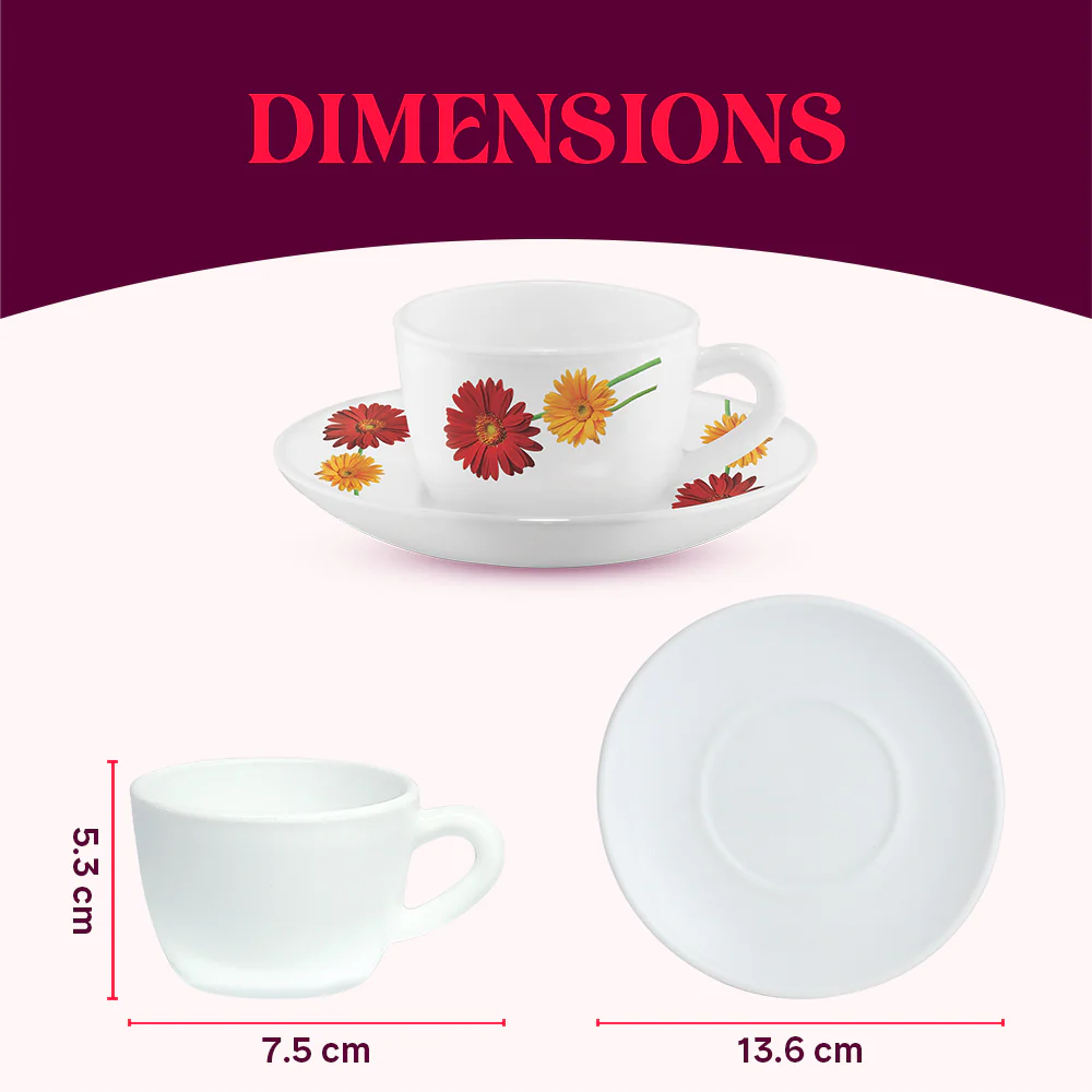 Larah by Borosil Zinnia Cup n Saucer Set, 140ml x 12