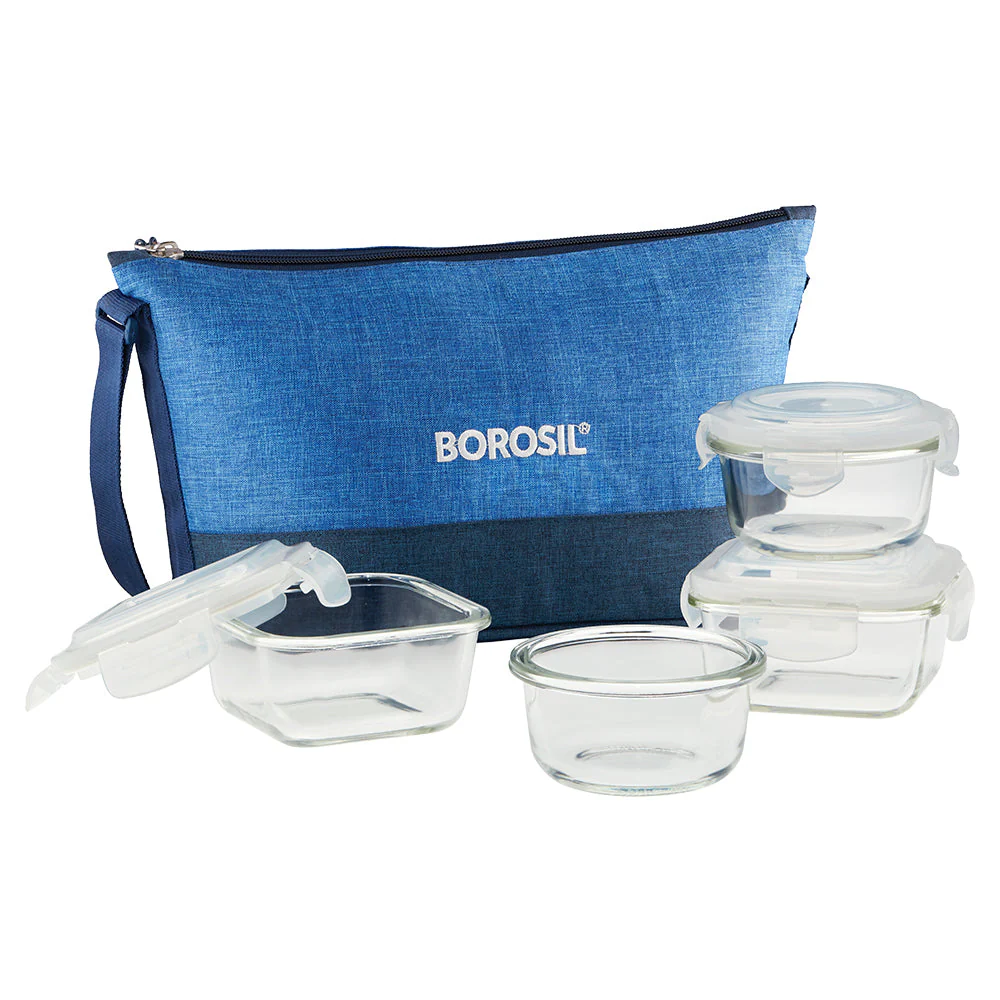 Borosil Prime Daisy Glass Lunchbox, 320ml x 2 (+) 240ml x 2