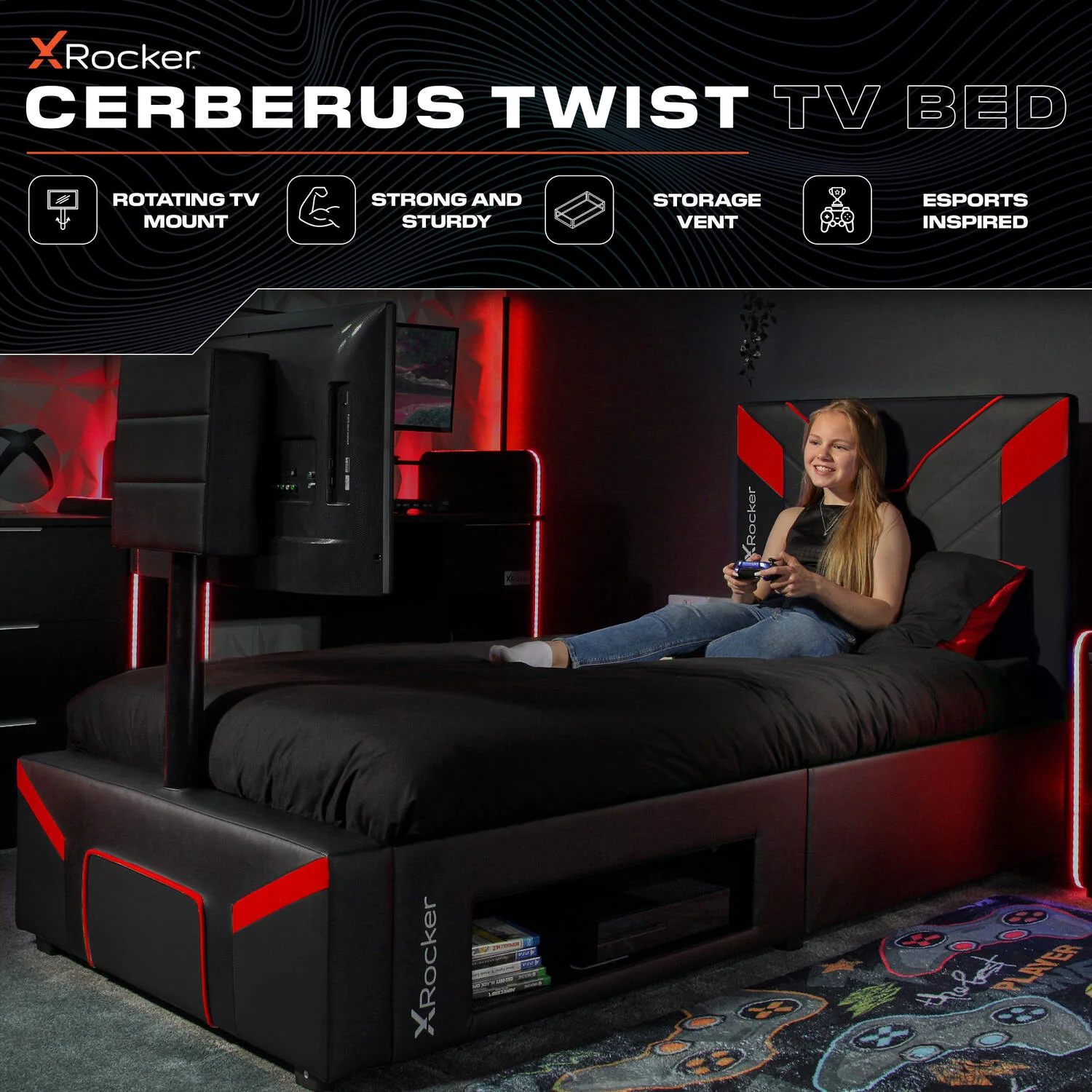 Cerberus Twist Single TV Gaming Bed - Black / Red