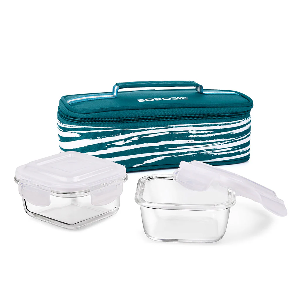 Steller Glass Lunch Box, Square x 2 (Flat), Set of 2, 320ml