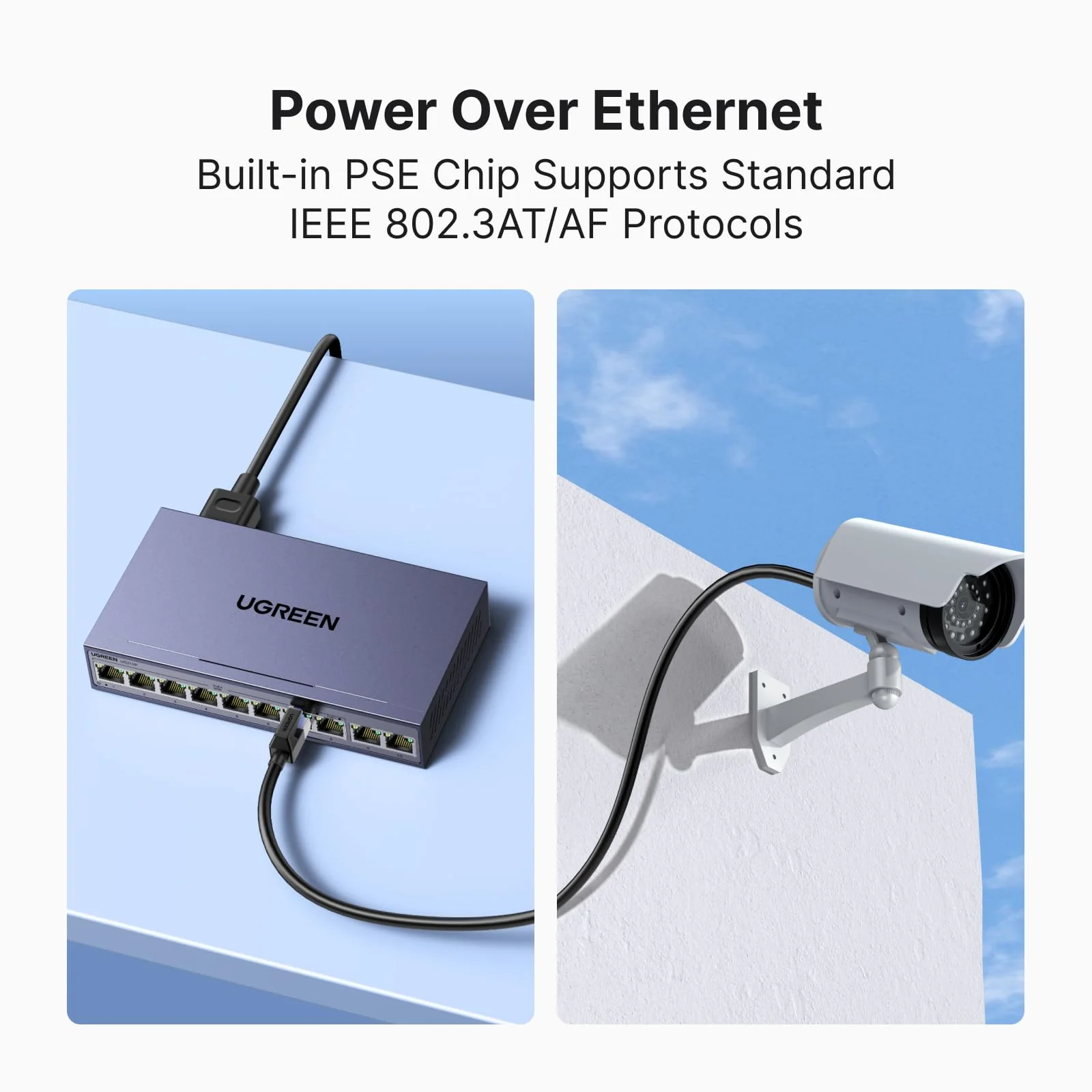 UGREEN Ethernet Switch, 10-Port PoE Switch, 8 PoE+@60W and 2 Gigabit Uplink, Plug & Play, Auto/VLAN/Extend Mode, Sturdy Metal, Desktop or Wall Mount Network Splitter Hub for Security Camera, IP Phone