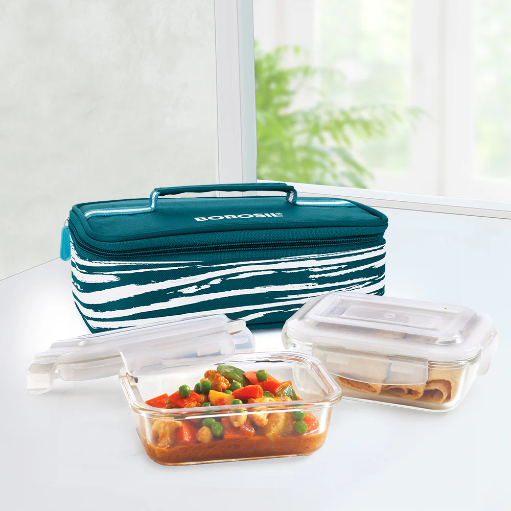 Steller Glass Lunch Box, Rectangular x 2 (Flat), Set of 2, 370ml
