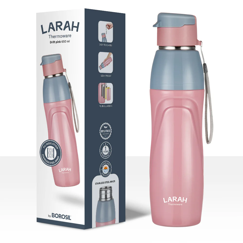Larah Drift Round PU Thermoware Bottle, 650 ml, Pink