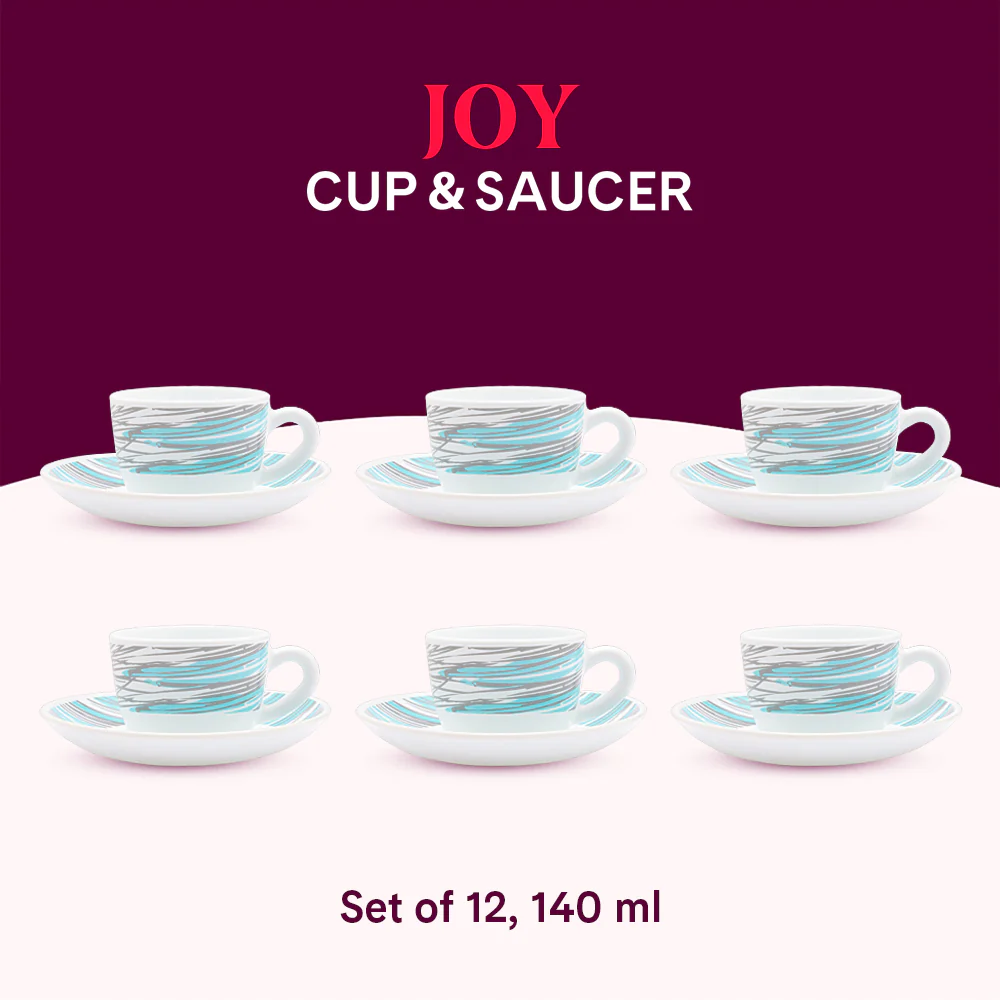 Larah by Borosil Joy Cup n Saucers Set, 140ml x 12