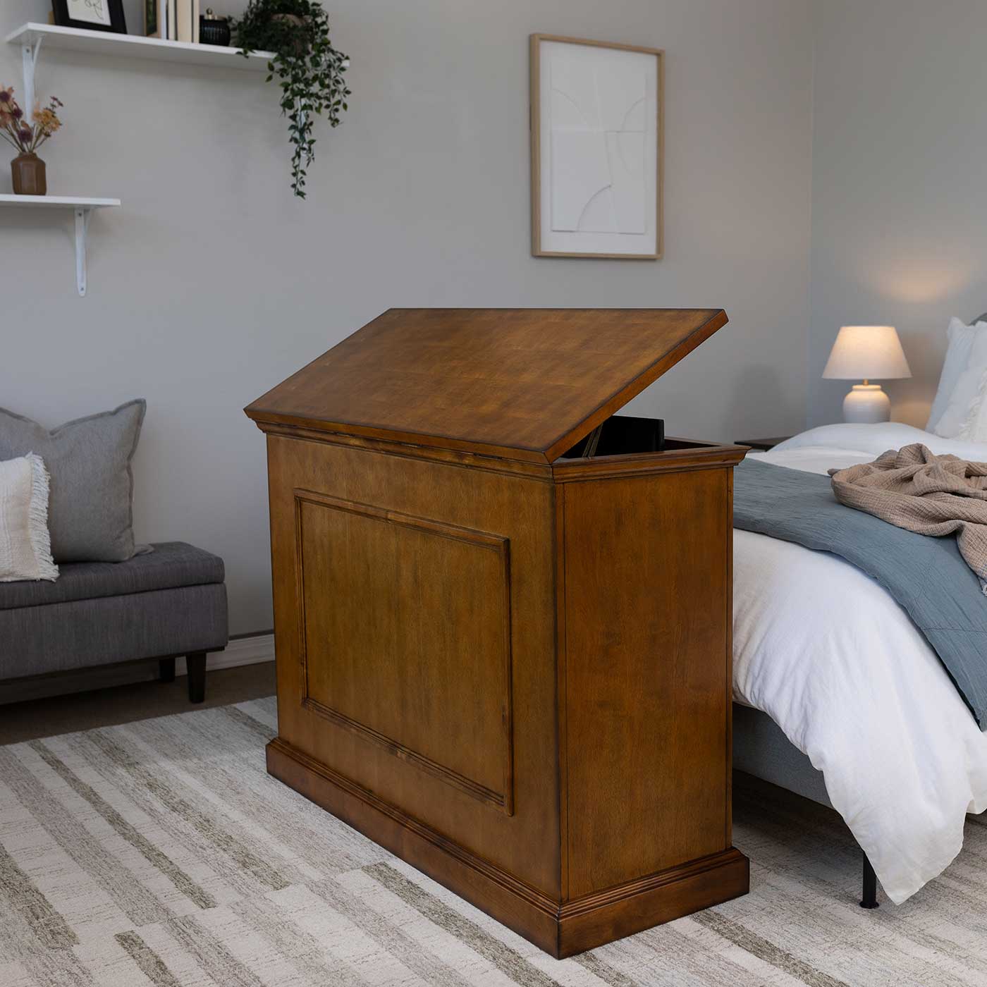 The Elevate 72009 Honey Oak Smart TV Lift Cabinet for 50 Inch Flat screen TVs