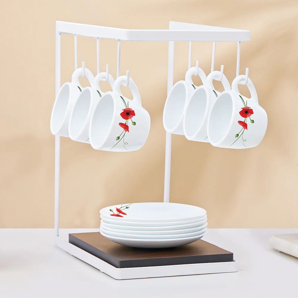 Larah by Borosil Red Carnation Cup n Saucer Set, 90ml x 12