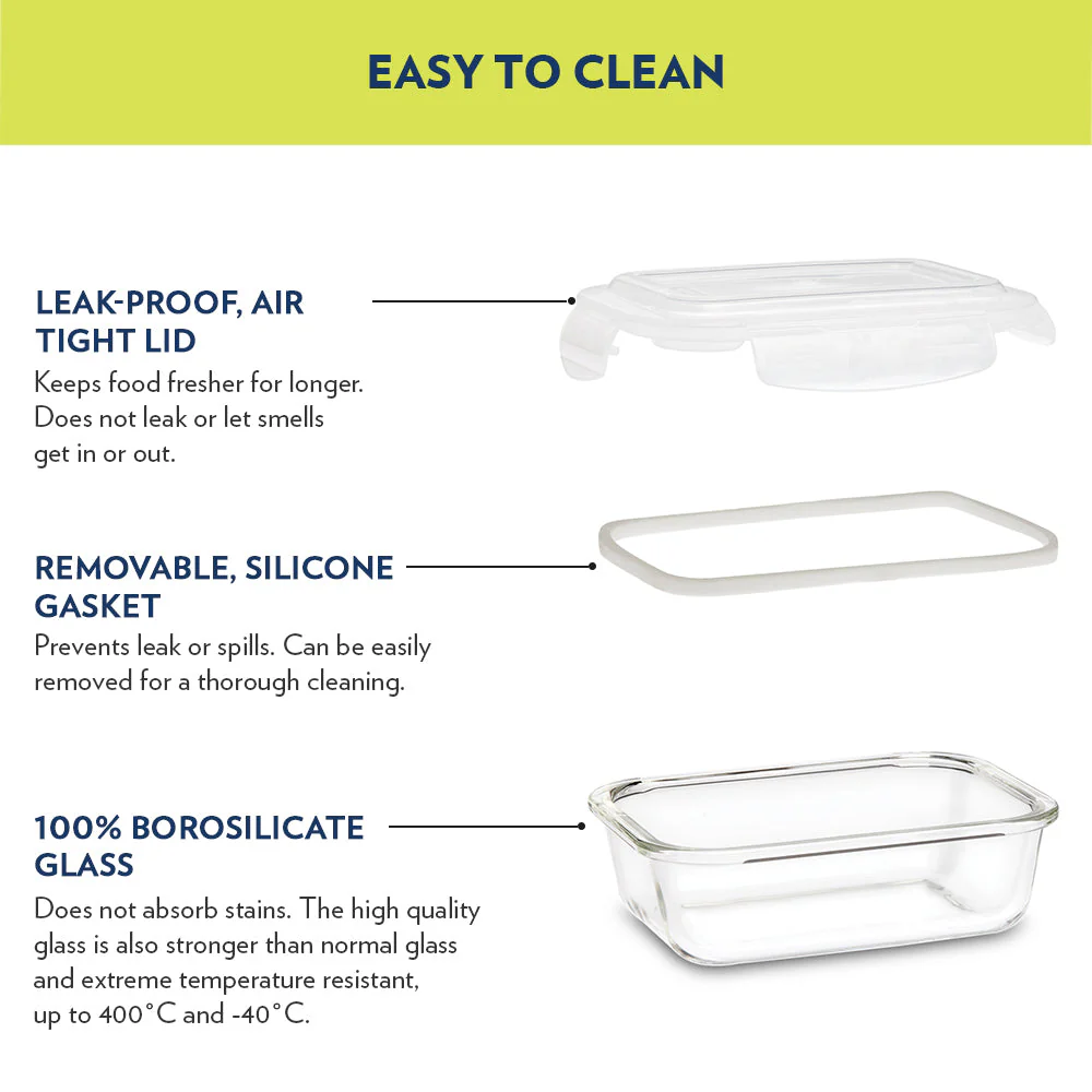 Alfa Blue Glass Lunch Box, Rectangle x 2 (Flat), Set of 2, 370ml