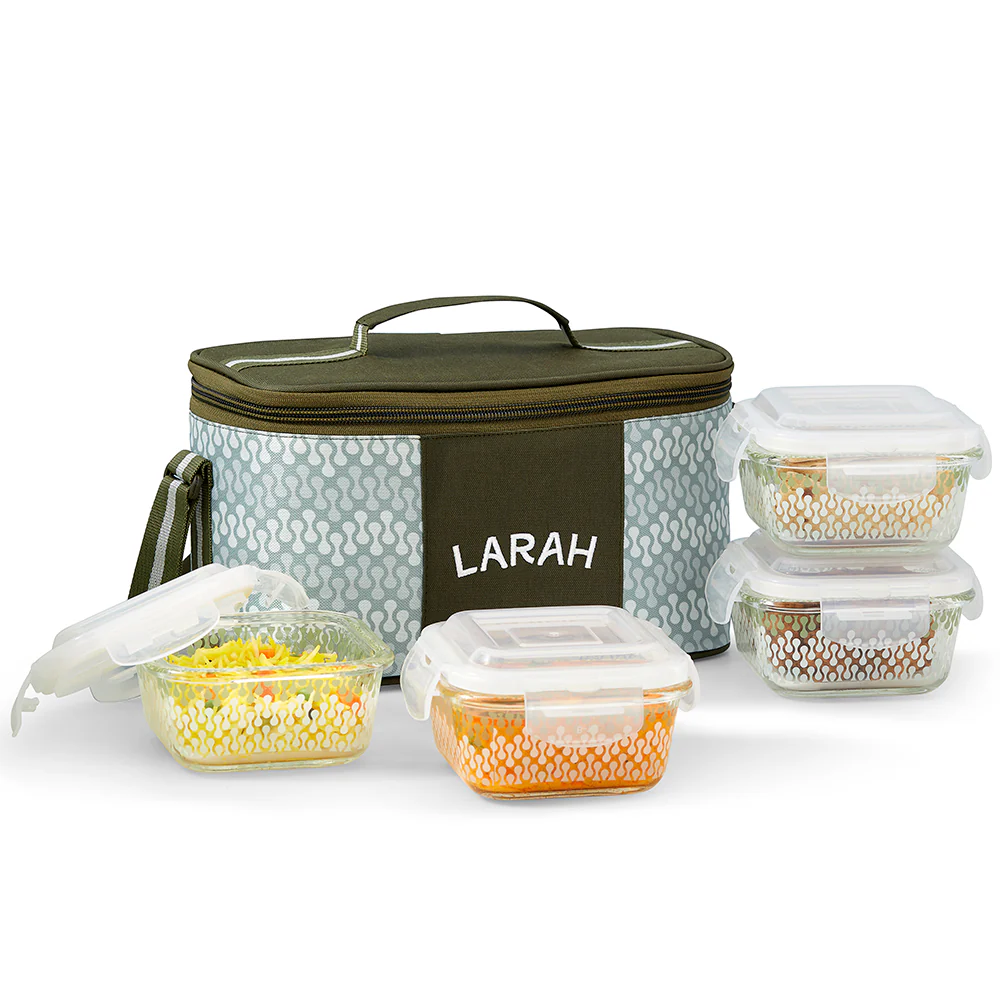 Larah Gracia Glass Lunchbox, Square x 4, 320ml x 4