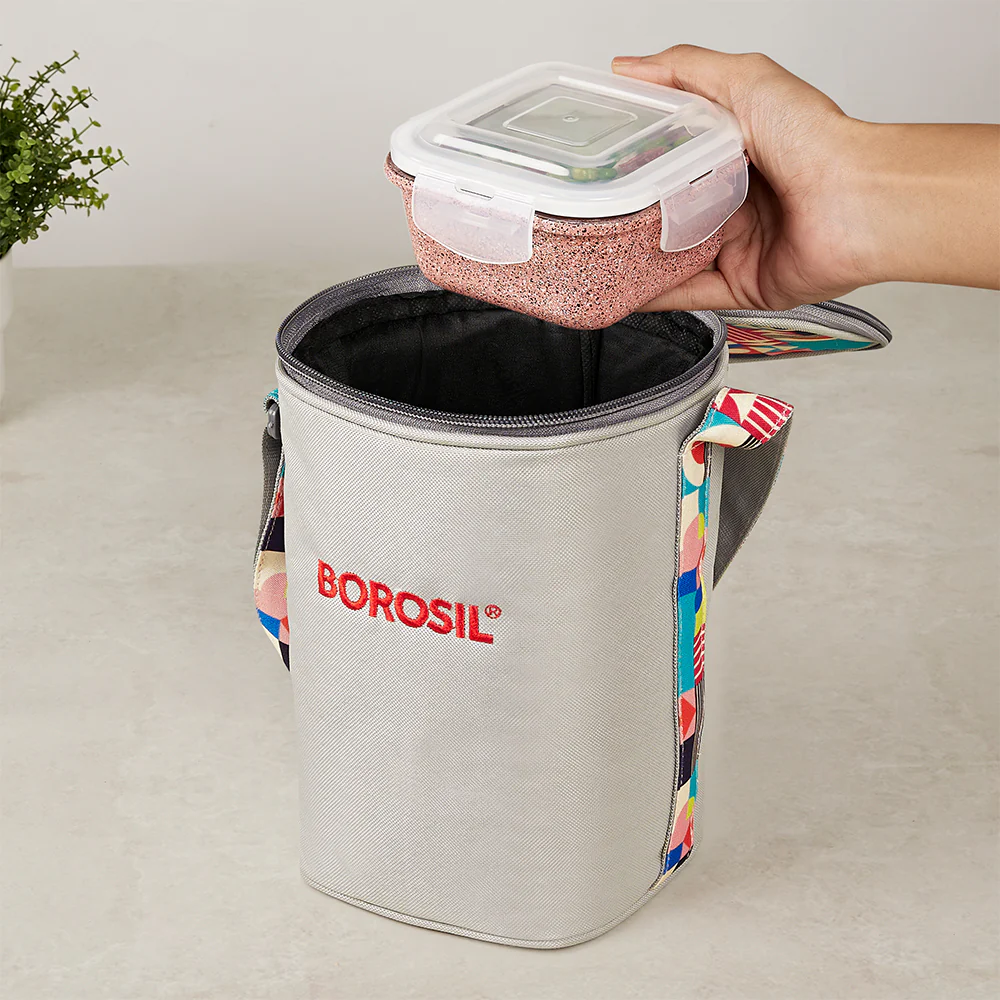 Borosil Kube Pink Glass Lunch Box, Square x 3 (Tall), Set of 3, 320ml