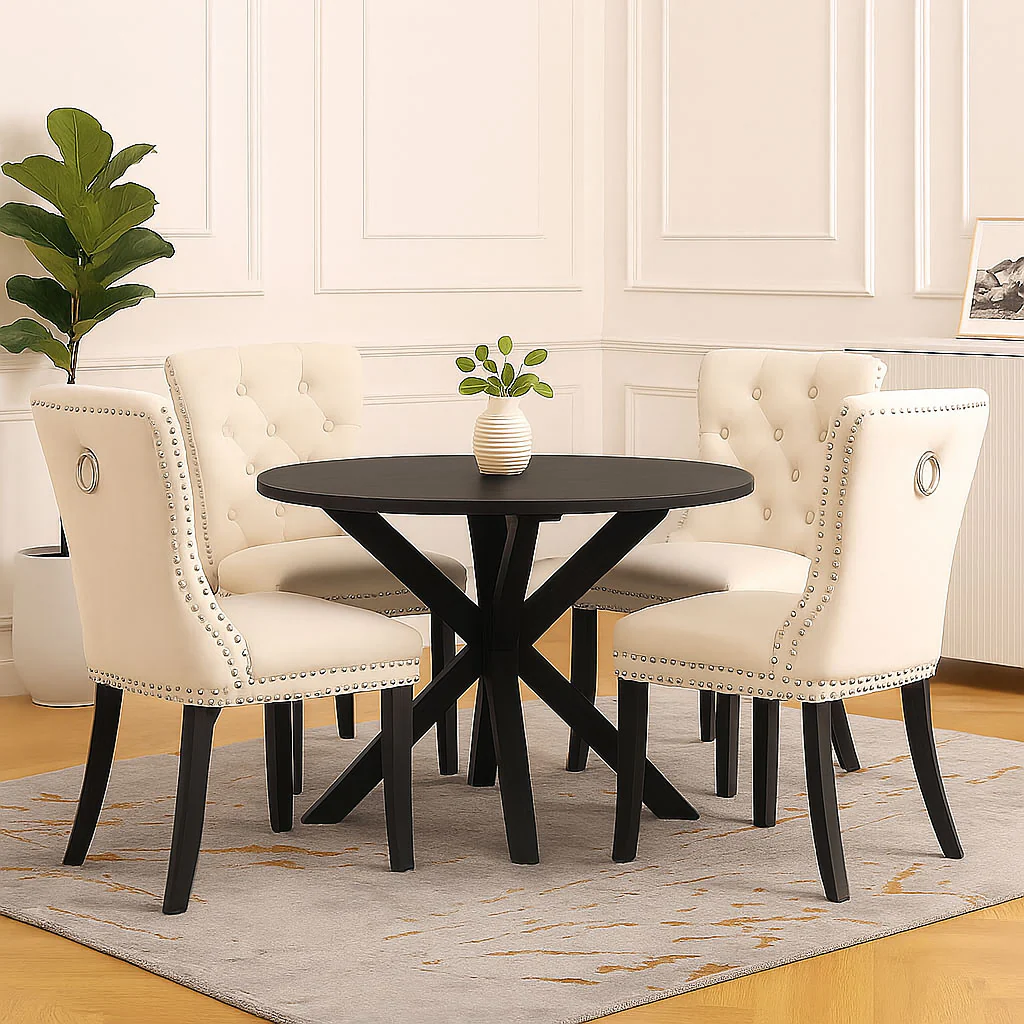 Neo Set of Four Studded Natural Velvet Dining Chairs with Ring Knocker Detail