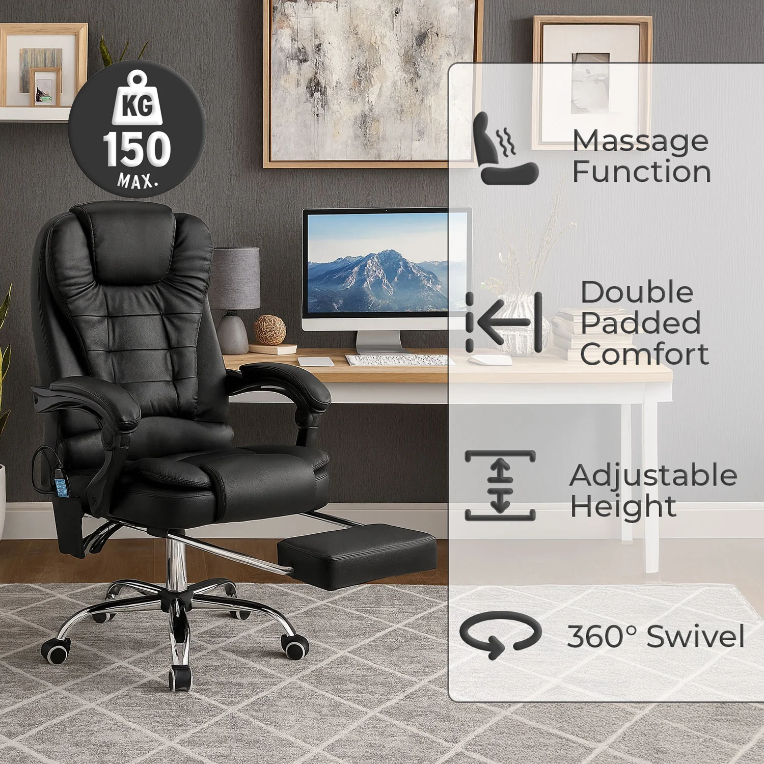 Neo Office Chair Black Faux Leather With Footrest & Massage Function Steel Frame
